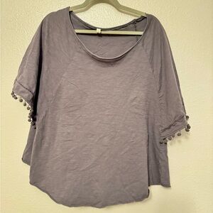 Gray Blouse with Pom-Pom Trim Bat Wing Sleeves Style